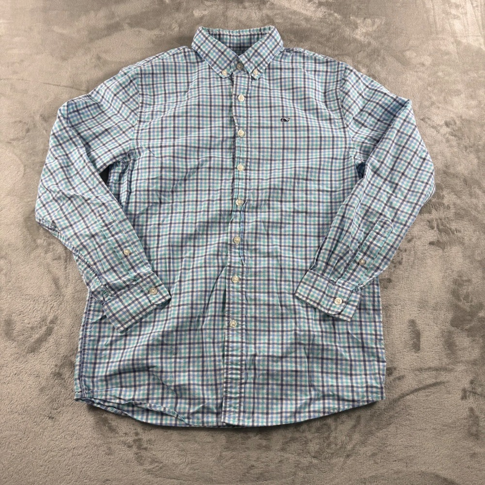 Vineyard Vines Boys Whale Shirt Blue Teal Plaid Button Down Size L 16